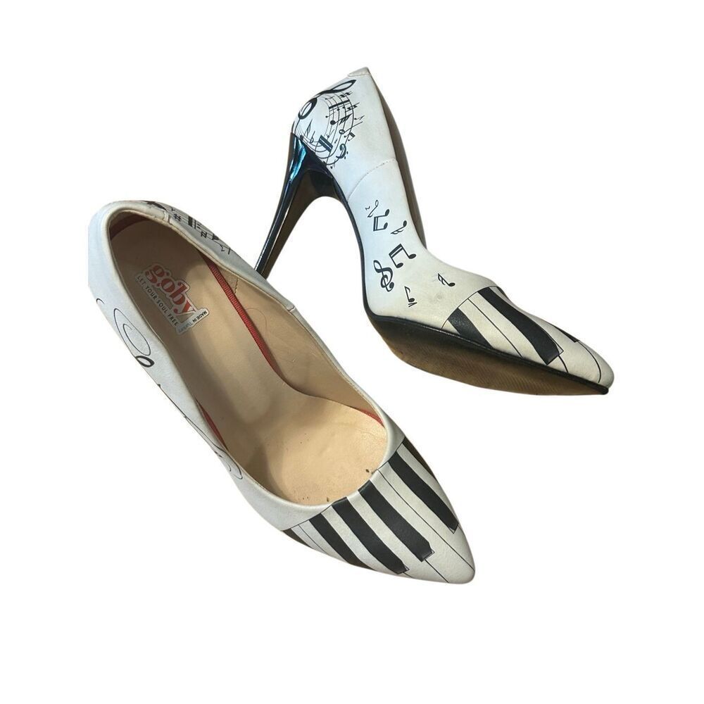 Goby Women's White Black Pointed Toe Piano Themed Pumps High Heels Size 38